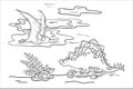 Vector stock coloring page with cute herbivore and flying dinosaurs.